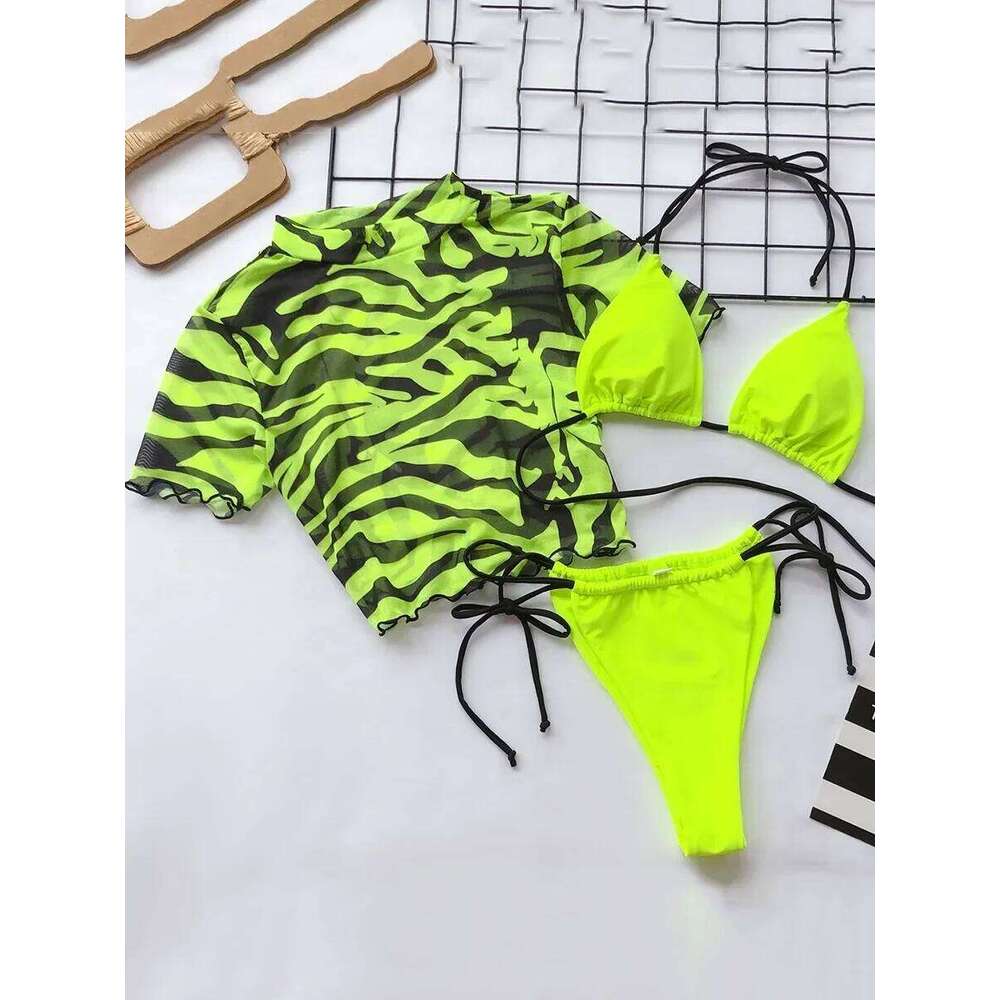 Zebra Print Mesh Short Sleeve Halter Mini Micro Female Swimsuit Women Swimwear Three-pieces Bikini set Bathing Suit Swim C260207
