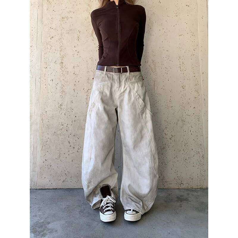 American Retro 2000s High Waist Full Length Jeans Pockets Hip-hop Baggy Cargo Pants Women Casual Y2K Grunge Street Denim Trouser