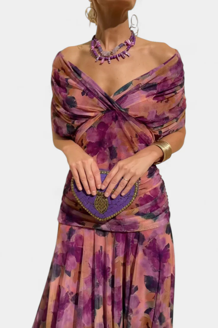 2026 Floral Print High Waist Pleat Party Dress Elegant Women Bat Sleeve Swing Casual Dress Female Chest Low Cocktail A-Line Dress R260208