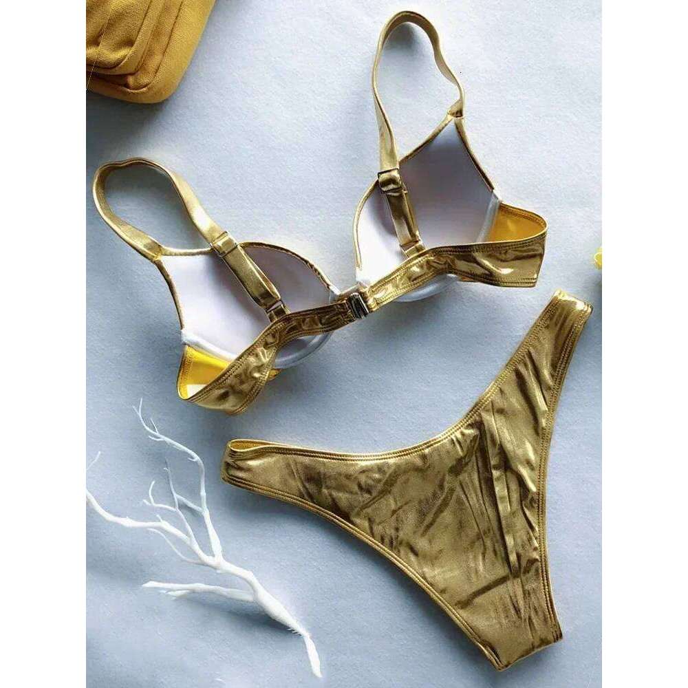 Shiny PU Faux Leather Women Swimsuit Female Swimwear Two-pieces Bikini Set Underwired Bra Cup Bikinis Bathing Suit Swim C260207