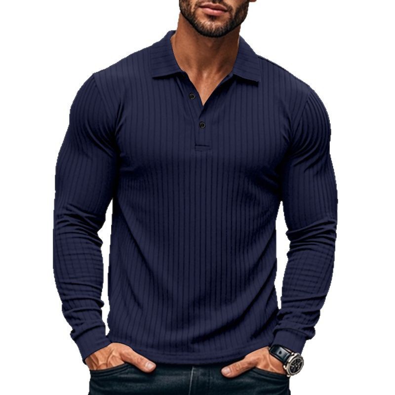 2026 Spring Mens Classic Casual American Lapel Button up Long sleeved T-shirt Elastic Pit Strip Polo Shirt Men's T-shirt R260208