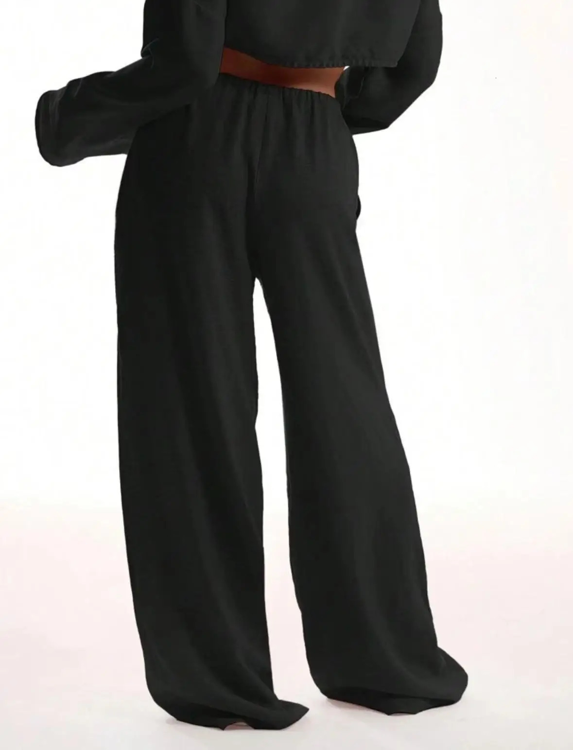 Casual Oversized White Solid Wide Leg Pants Fashion Women Elastic High Waist Pocket Baggy Sweatpant Office Lady Commute Trousers 260130