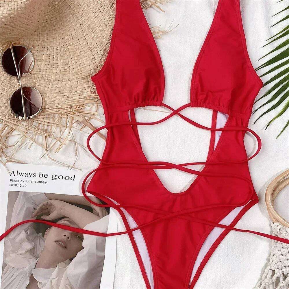 Sexy Red Swimsuit Micro String Bikini Hollow Out Backless Monokini Women One-Piece Vacation Swimwears Bikinis Beach Bathing Suit C260207