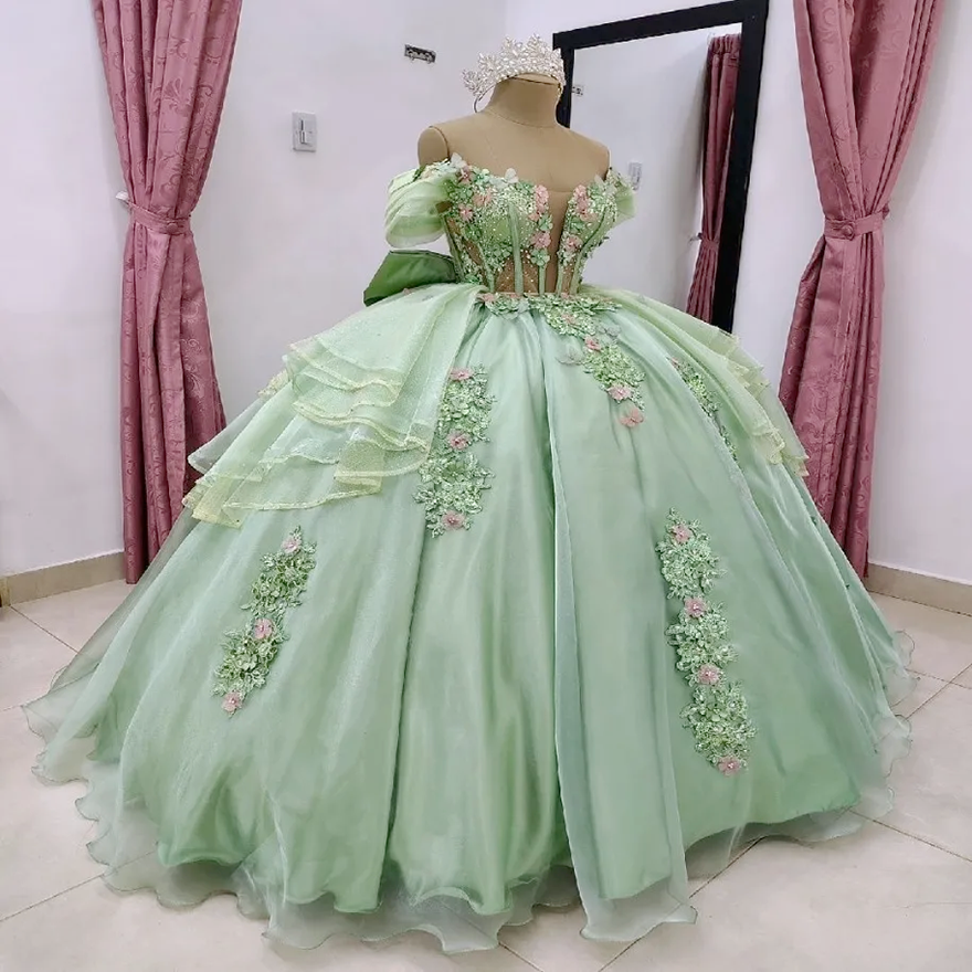 Gorgeous Green Quinceanera Dresses With 3D Flowers Princess 2 In 1 Sweet 16 Gown Vestidos De 15 Xv Anos Removable Skirt Special Occasion Birthday Part
