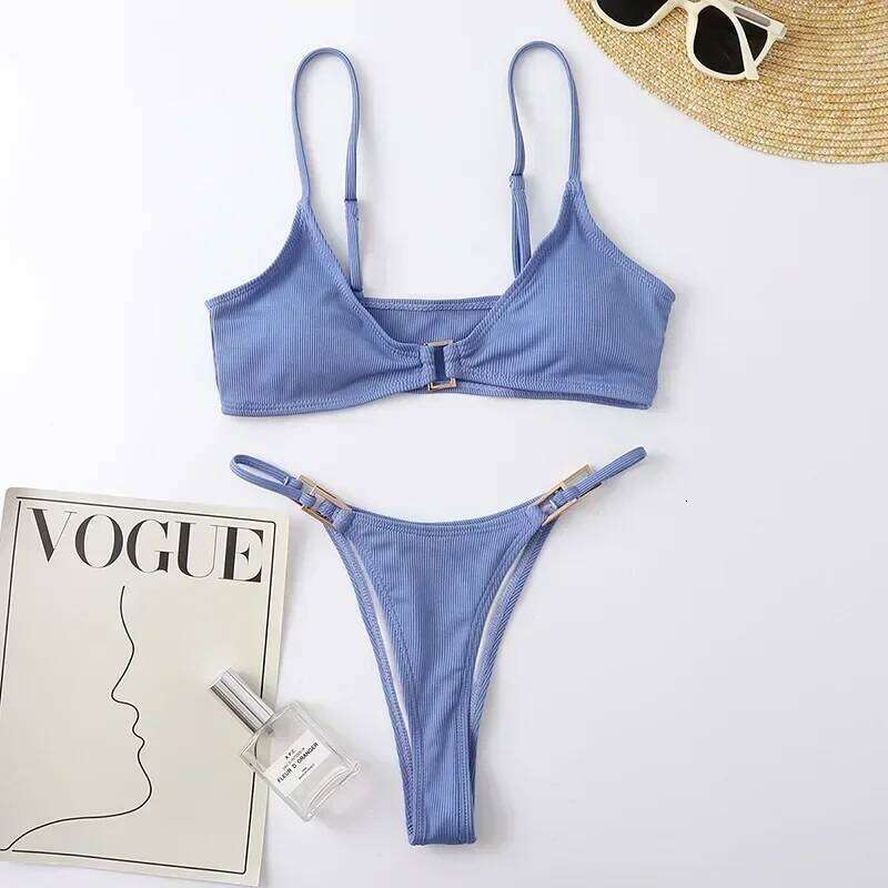 Sexy Brown Ribbed Swimwear 2025 Micro Thong Bikinis Sets Women Metal Ring Swimsuits String Bathing Suit Bikini Bathers Biquinis C260207