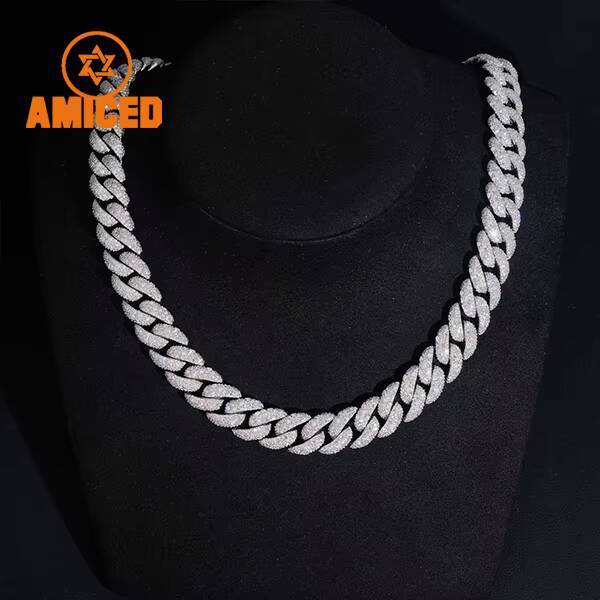 Hip Hop 14MM Full Iced Out Large Moissanite in the Middle Chain S925 18K Gold Plated VVS Diamond Cuban Link Chain Necklace