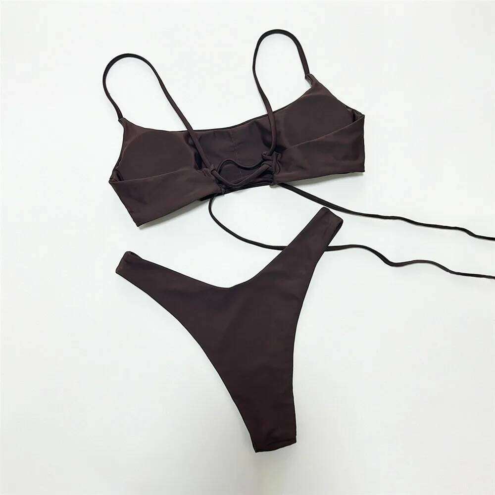 Brown Bandeau Micro Bikini Set Back String Lace-up Sexy Swimsuit Solid Swimwears Woman 2026 High Cut Bathing Suit Bikinis Femmes C260207