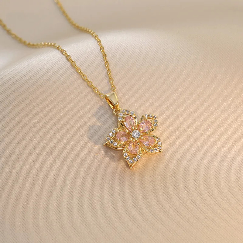 OIMG 316L Stainless Steel Gold Plated Romantic Rotatable Flower Zirconia Pendant Necklace For Women Girls Charm y Jewelry 260206