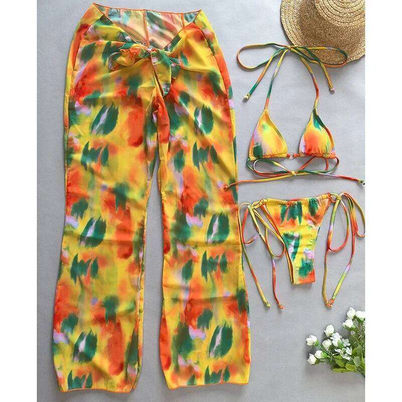 Printing Push Up Set Women Swimsuit Triangle Side Tie G-string Split Bikini with Pants 2025 New Beachwear 3 Pieces Sets C260207