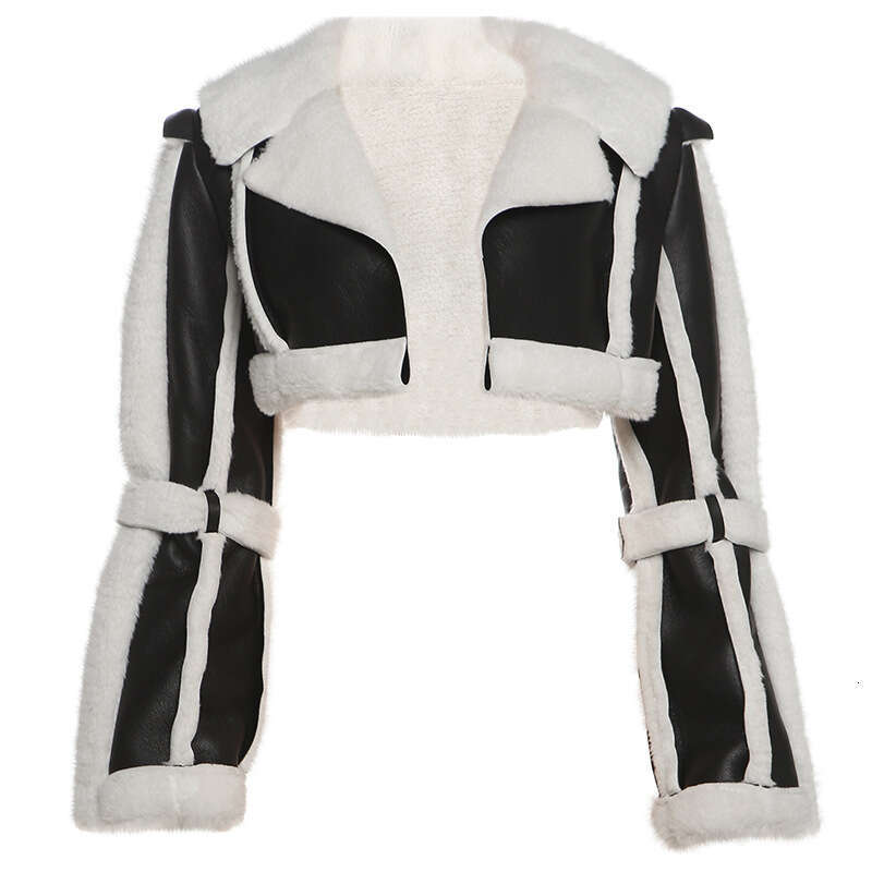 Cross-border European and American style autumn new women's fashion streetwear PU leather spliced fur collar cropped jacket