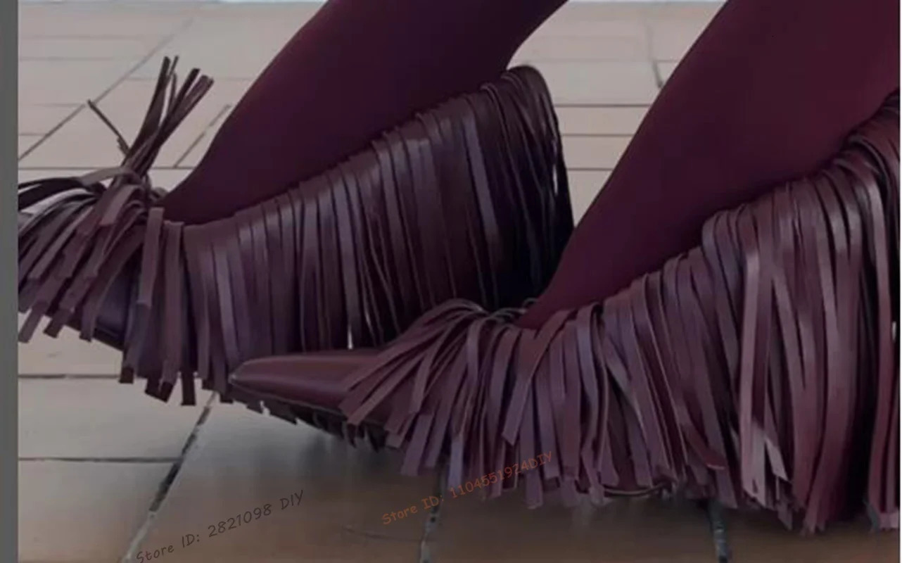 Wine Red Leather Tassel Thin Heeled Stiletto Pointed Toe Pump Fringe Fashion Party Shoes 260208