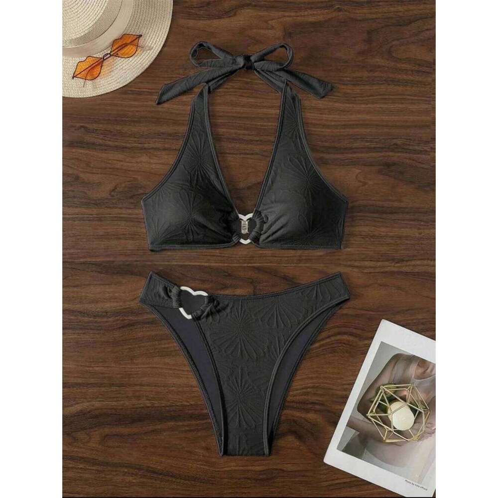 Floral Jacquard Heart Bikini White Y2K Triangle Halter Bandage Push Up Swimsuit Tanga Women Backless Vacation Swimwear Beach Set C260207