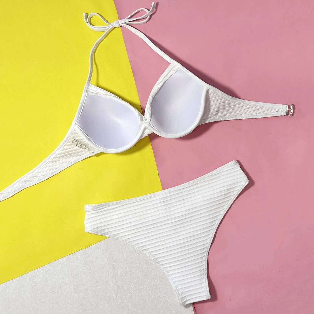 Sexy Waisted Bikini Set Push Up Swimwear Women White Ribbed Swimsuits Underwired Bathing Suit High Cut Bikinis 2025 Mujer C260207