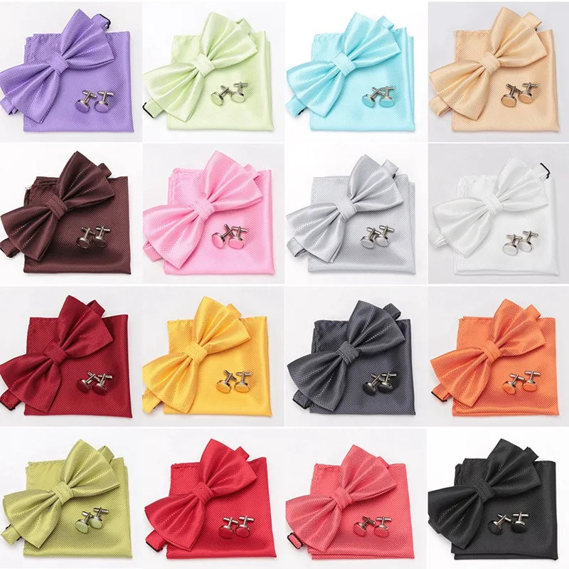 Men Bowtie Set 3pcs Plaids Classic Fashion Wedding Party Formal Cufflinks Bow Tie Handkerchief Cuff Links Lots Three Piece Set 260130