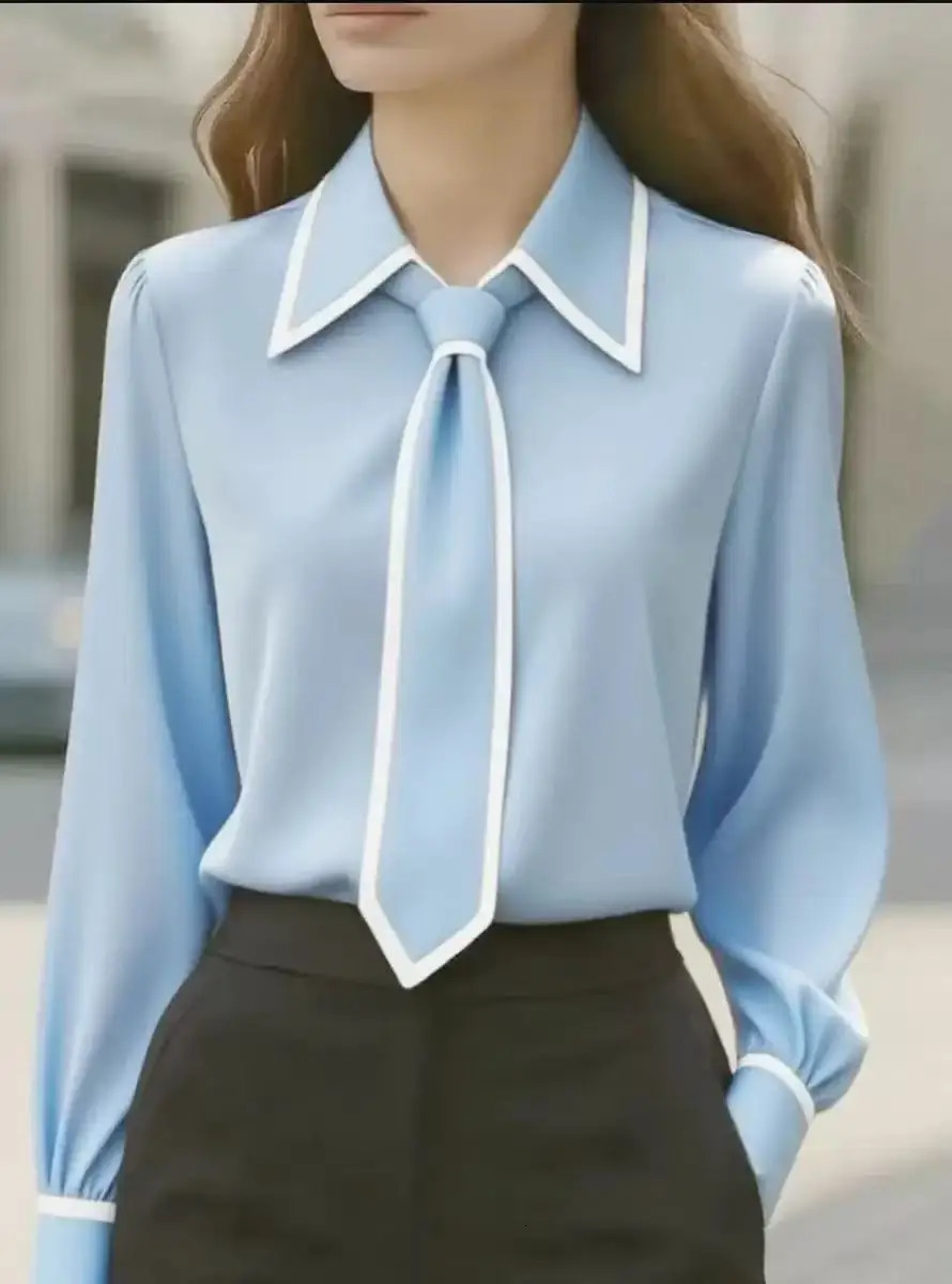 Womens fashion tie lapel n casual longsleeved shirt 260207