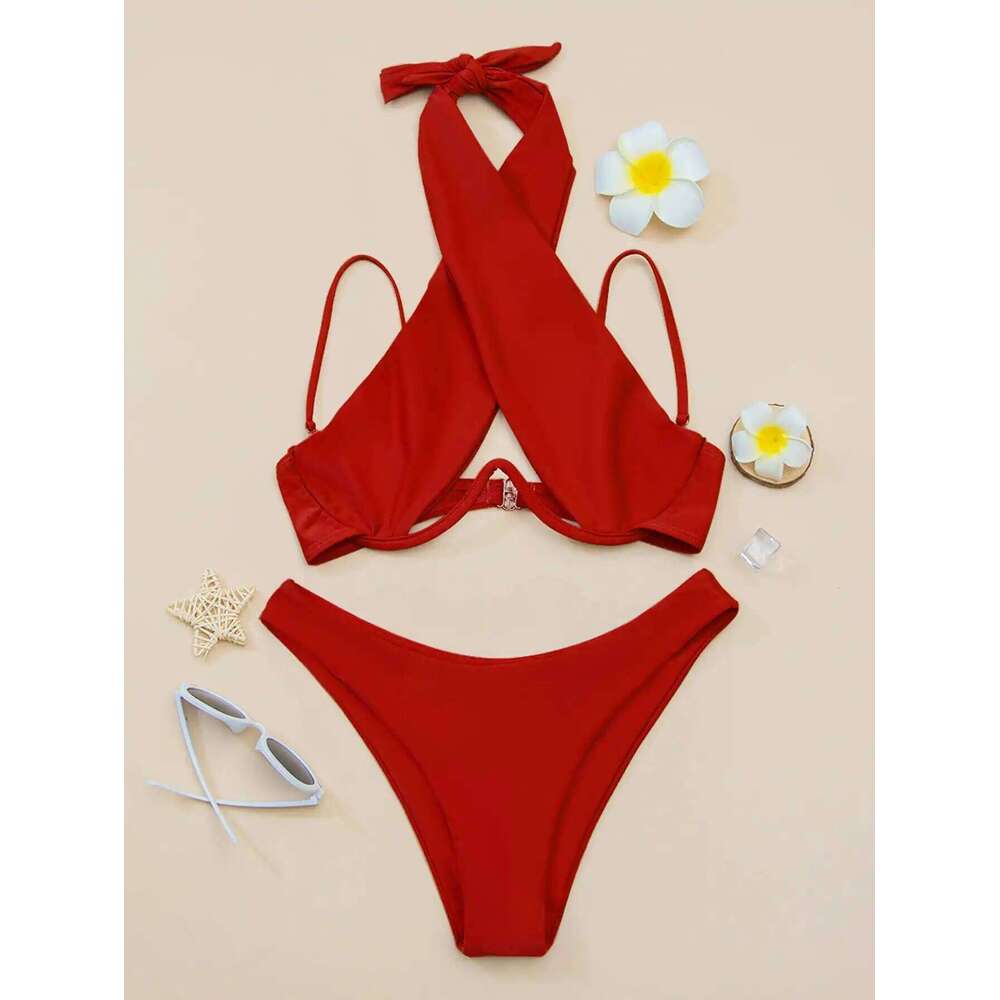 Cross Halter Underwire Bikini 2025 Women Swimsuit Solid Push Up Swimwear Female Bathers Bathing Swimming Suit Summer Beachwear C260207
