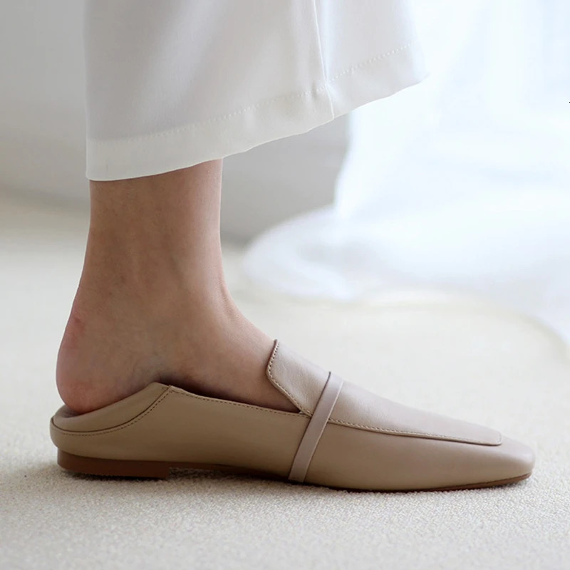Cow Leather Square Toe Women Flats Casual Loafers Women Shoe Without Heel 2025 Spring Autumn Mules Woman Simple White Shoes 260124