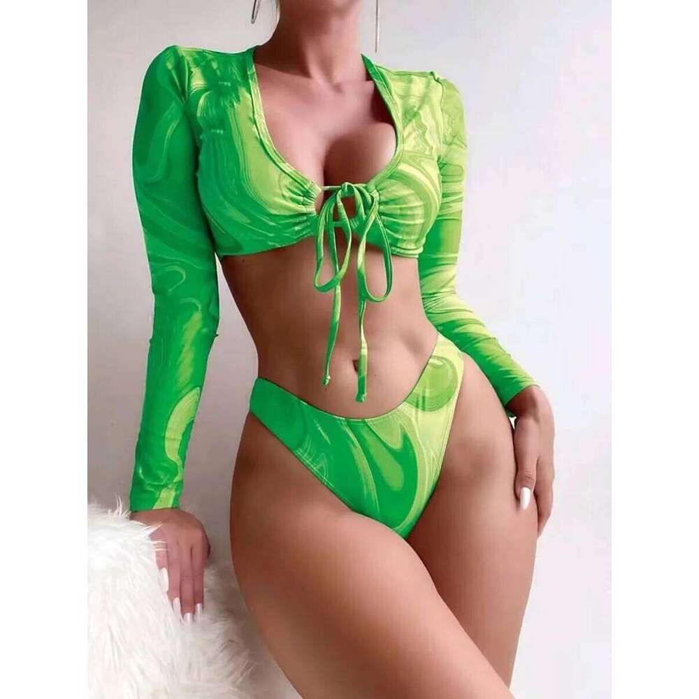 2025 Hollow Out String Long Sleeve 2 Piece Bikini Women Swimwear Female Swimsuit Bathers Bathing Swimming Suit Beachwear Summer C260207