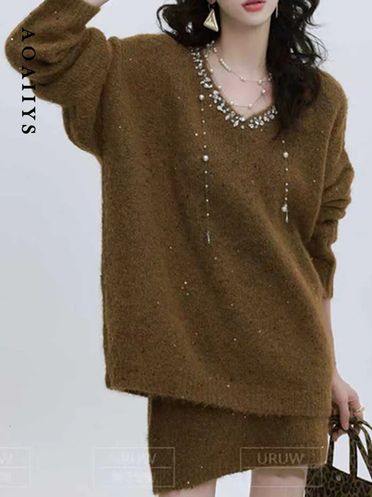Aoaiiys Skirt Sets Women Diamond Pearls Decor Sweaters Knitwear Two-piece Short Skirt Set Winter Two Piece Sets Womens Outifits 260122