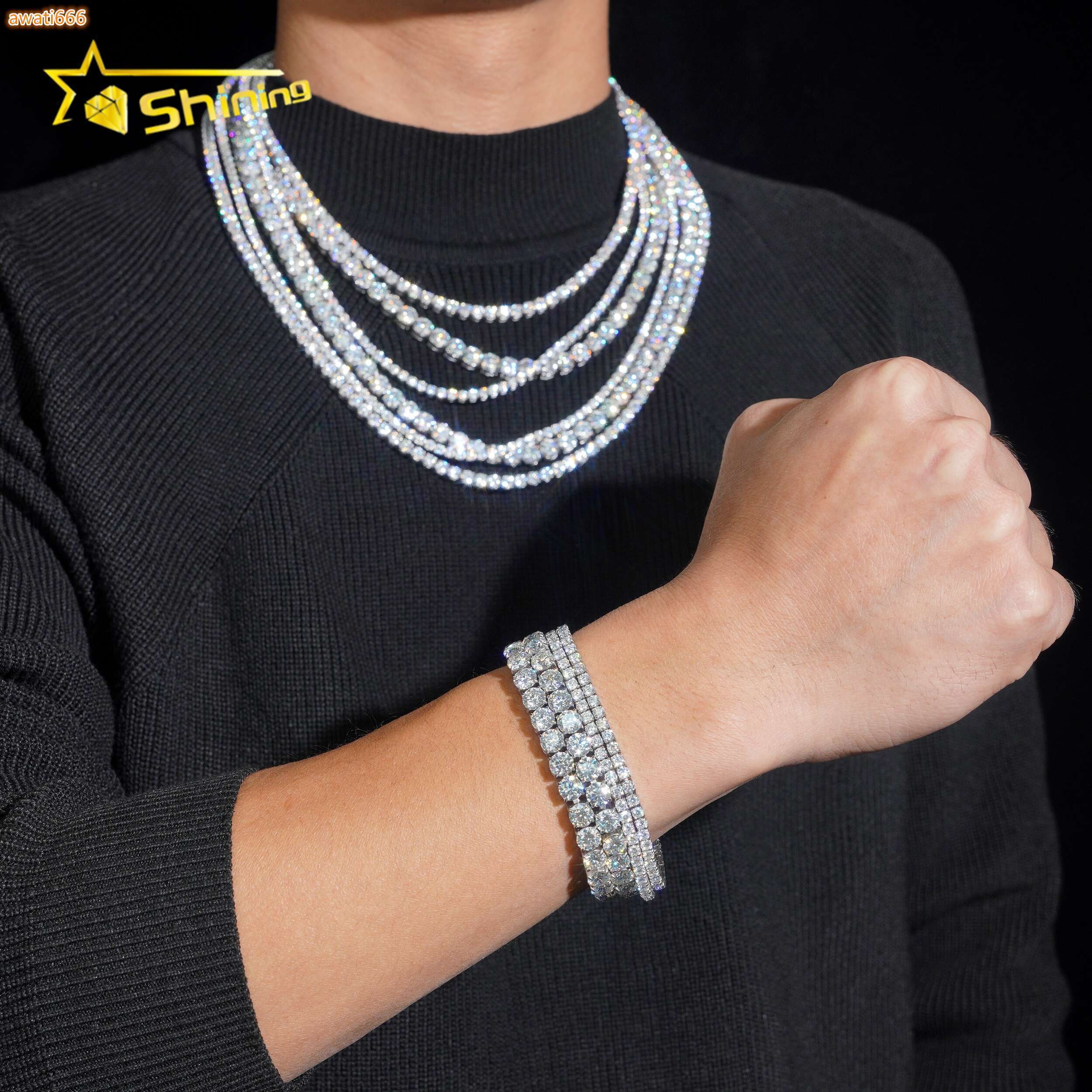 Hip Hop Necklace Moissanite Jewelry Pass Diamond Test VVS Moissanite Tennis Necklace