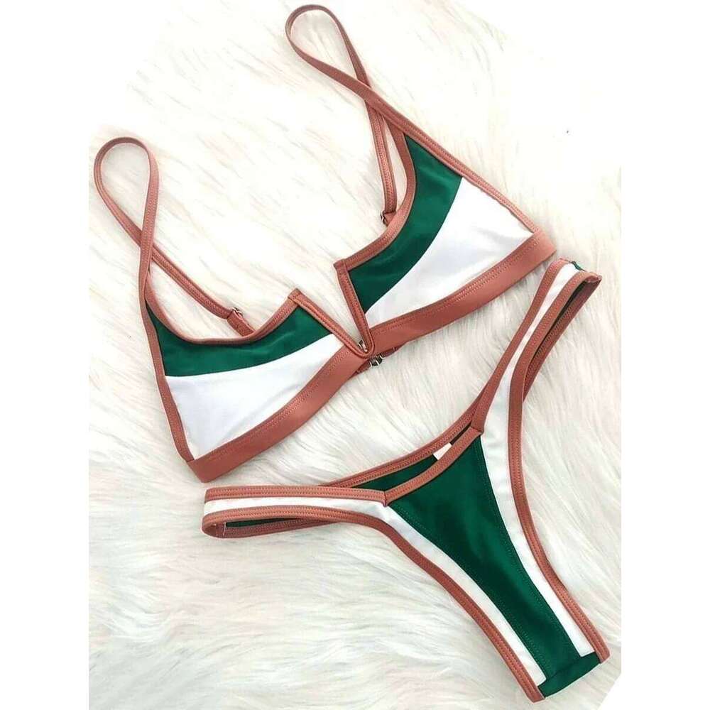 S - XL Splicing V Shaped Thong Women Swimsuit Female Swimwear Two Pieces Bikini Set Bather Push Up Bathing Suit Swim Lady C260207