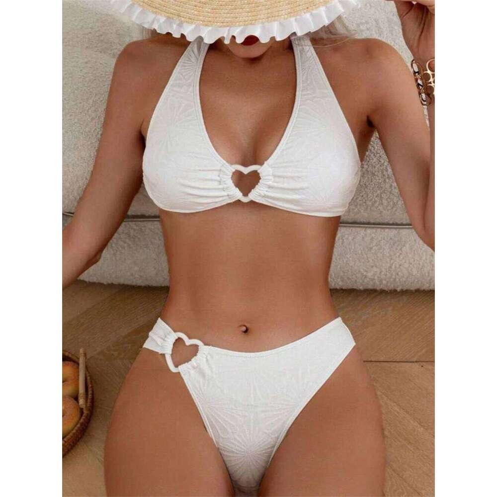 Floral Jacquard Heart Bikini White Y2K Triangle Halter Bandage Push Up Swimsuit Tanga Women Backless Vacation Swimwear Beach Set C260207