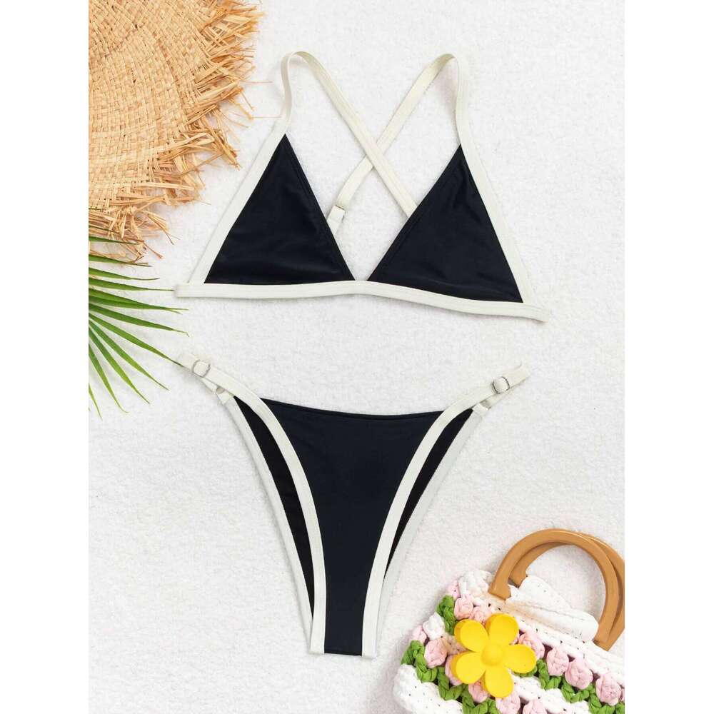 Sexy White Black Patchwork Micro Bikinis Sets Two Pieces Back Cross Swimsuit Brazilian Bathing Swimwear Swimming Suit C260207