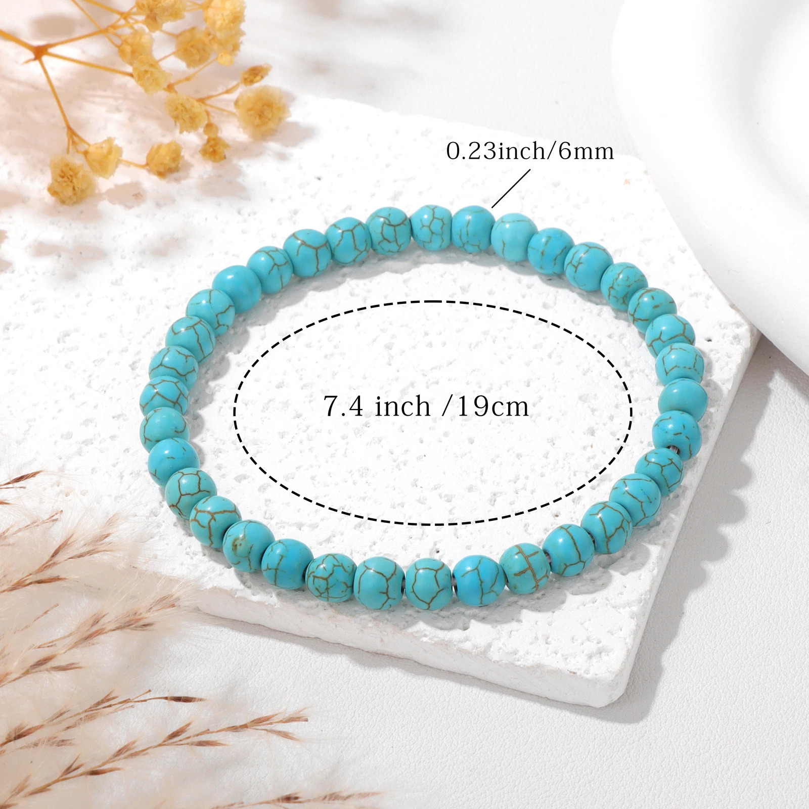 468mm Natural Blue Turquoises Beads Bracelet Smooth Round Beaded Bracelets with Card for Women Men Elastic Bangle 260130