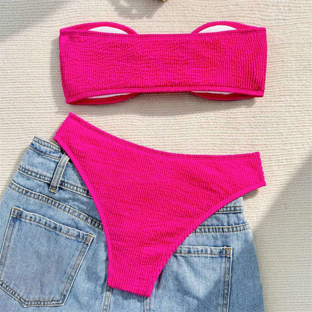 Sexy Rose Red Bikini Bandeau Swimsuit Y2K Rib Vacation Swimwear Backless Strapless Bikinis Thong Women Beach Outfit Bathing Suit C260207