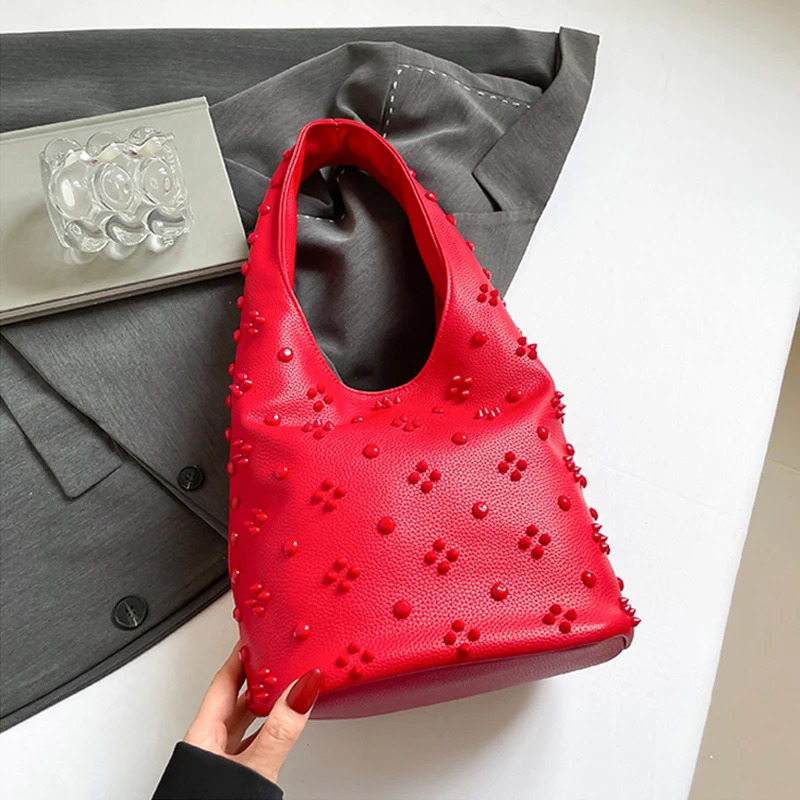 Temperament Rivet Red Underarm Bag for Women Texture Soft PU One Shoulder Bag Light Party Handbags Spring Summer 260123