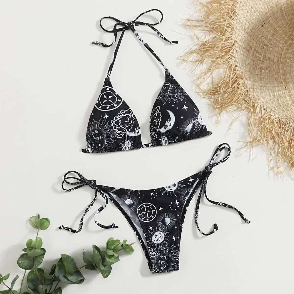 sexy gothic print black triangle set separate high waist thong Swimwear Biquini conjunto de bikini tankini beachwear C260207