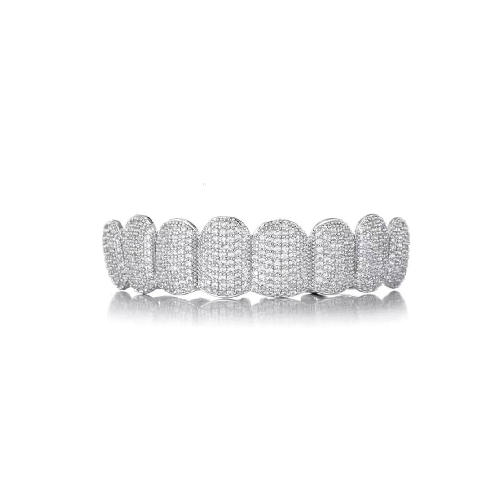 Iced Out Full Set Grillz Silver Fully Paved Sparkling Hip Hop Statement Teeth Jewelry For Men Women