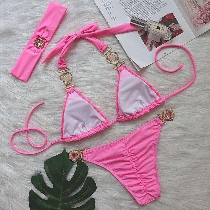 Pink Sexy Bikinis Swimsuit With Heart Rhinestones Women Swimwear Female Push Up Bikini Beach Swim Wear Bathing Suits Pool Bather C260207