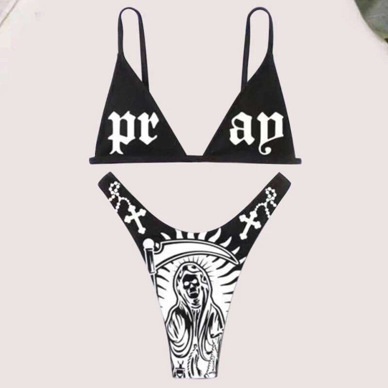Sexy Gothic Bikini 2025 Women Demon Print Bra Thong Swimsuit Split Bathing Suit Underwear Y2K Bikinis Punk Swimwear C260207