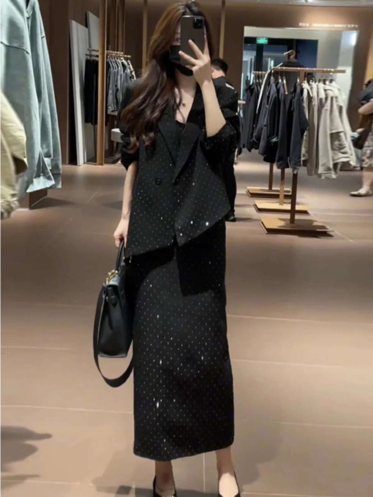 Faionable Diamond Embedded Womens Suit And Skirt Set Autumn Winter Two-Piece Ensemble Sle Long Sve Turn-down C 260122