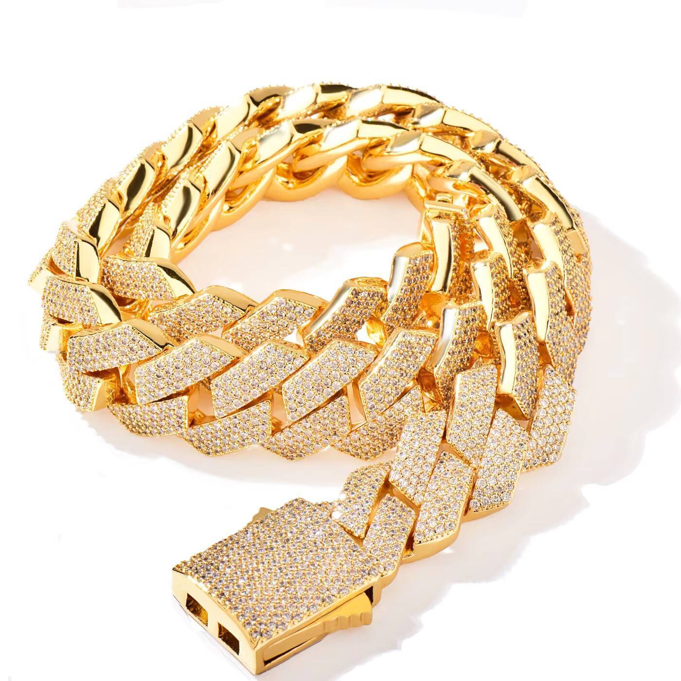 Wholesale 20mm Rhombic Cuban Link Bracelet Necklace Gold Brass Iced Bling Cubic Moissanite Diamond Miami Cuban Links Chain Jewelry