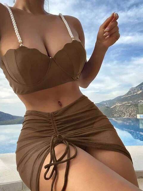 2024 New Sexy 3 Piece Bikinis Set Women Swimsuit with Skirt Swimwear Female Push Up Bikini Beachwear Faux Pearl Bathing Suit C260207