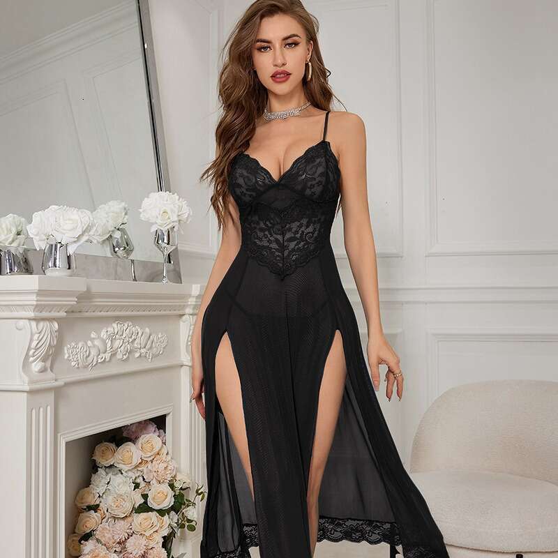 Elegant Long Lace Nightgown Women Deep V Neck Sheer Sleep Dress with High Side Slit & Train, Romantic & Seductive Lingerie for Special Moments