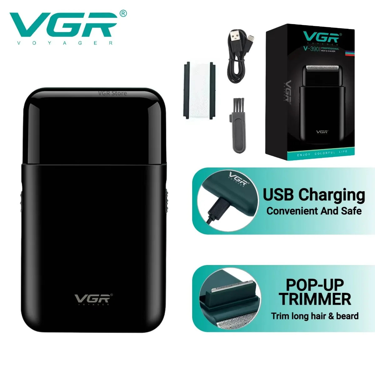VGR Electric Shaver Professional Beard Trimmer Razor Portable Mini Shaver Reciprocating Shaving 2 Blade USB Charge for Men V-390 260126