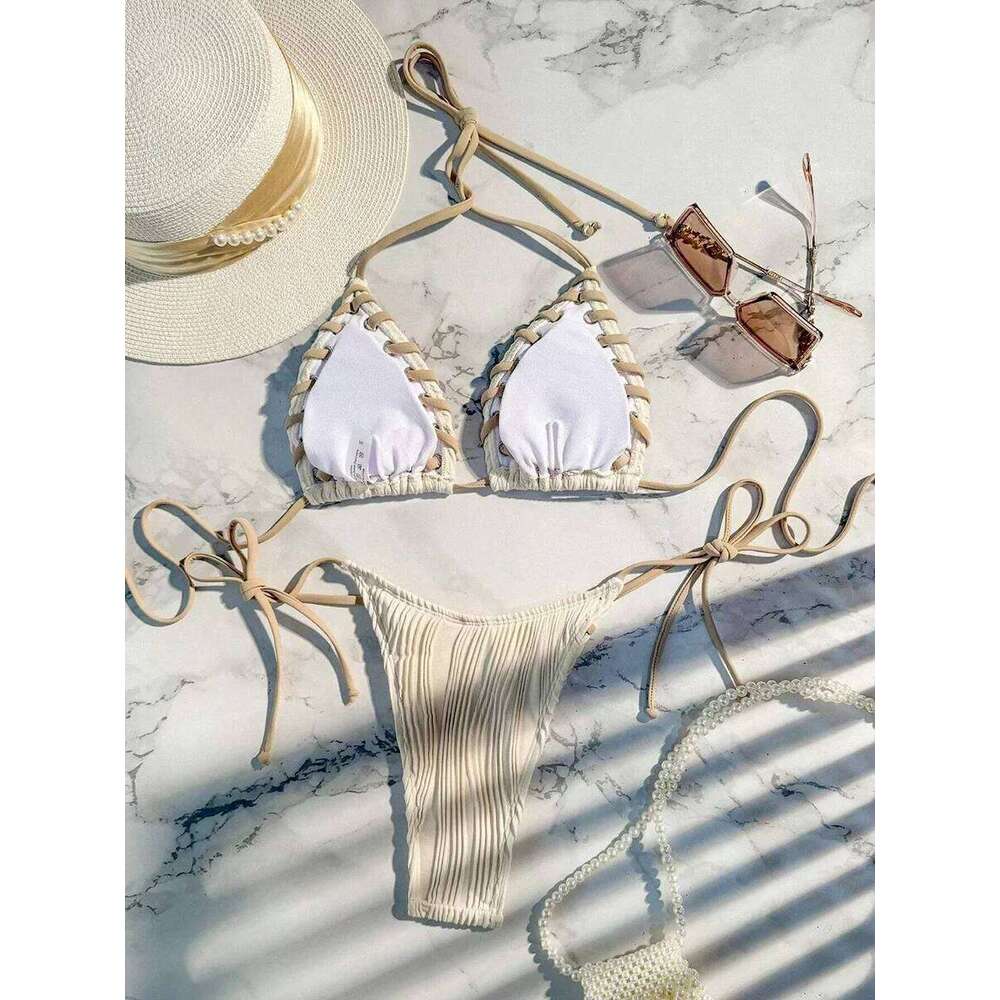 2025 Halter Wrinkled Weave Women Swimwear Female Swimsuit Two Pieces Bikini Set Brazilian Bathing Suit Swim Beach Wear C260207