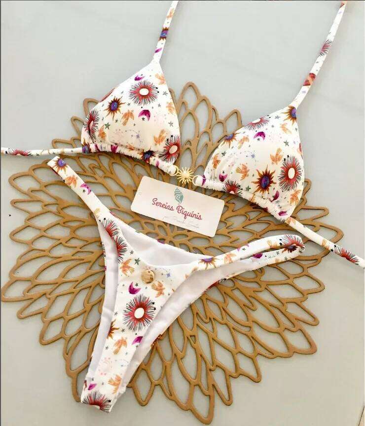 Print Sexy Bikini Sets Halter Lace-up Tops Thongs Beach Style Bathing Suit Y2k Swimsuits Women Beachwear 2025 C260207