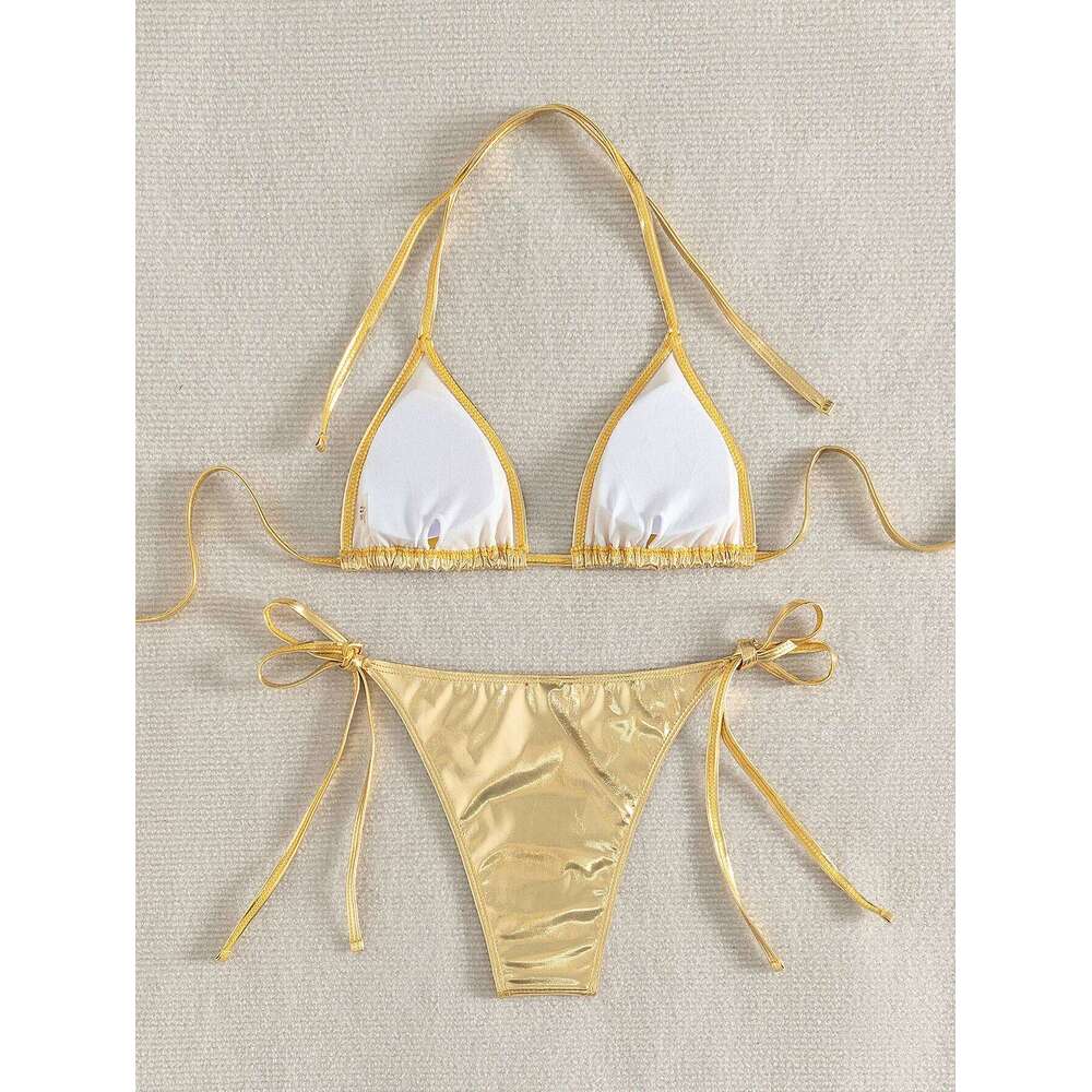 Sexy Triangle Push Up Metallic Brazilian Swimwear Women Golden Silver Side String Bikini Bathing Suit Beach Wear Biquini C260207