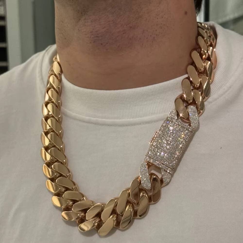 Custom Moissanite Mosaic Lock Gold Plated 22MM Wide Miami Cuban Link Chain Solid Silver Men Chain Cuban Chain Necklace Jewelry