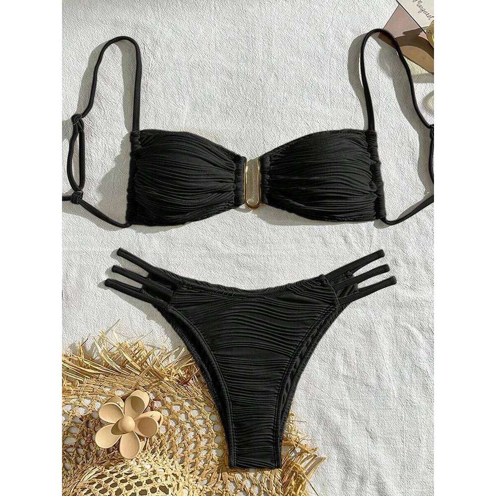 XS - L Wrinkled U Rings Bandeau Women Swimwear Female Swimsuit Two-pieces Bikini Set Bather Bathing Suit Swim Beachwear C260207