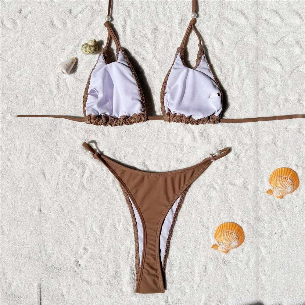 Sexy Brown Fishnet Triangle Micro Thong Bikini Set String Halter Swimwear Woman Swimsuit Bathing Suit Bikinis Femmes Biquinis C260207