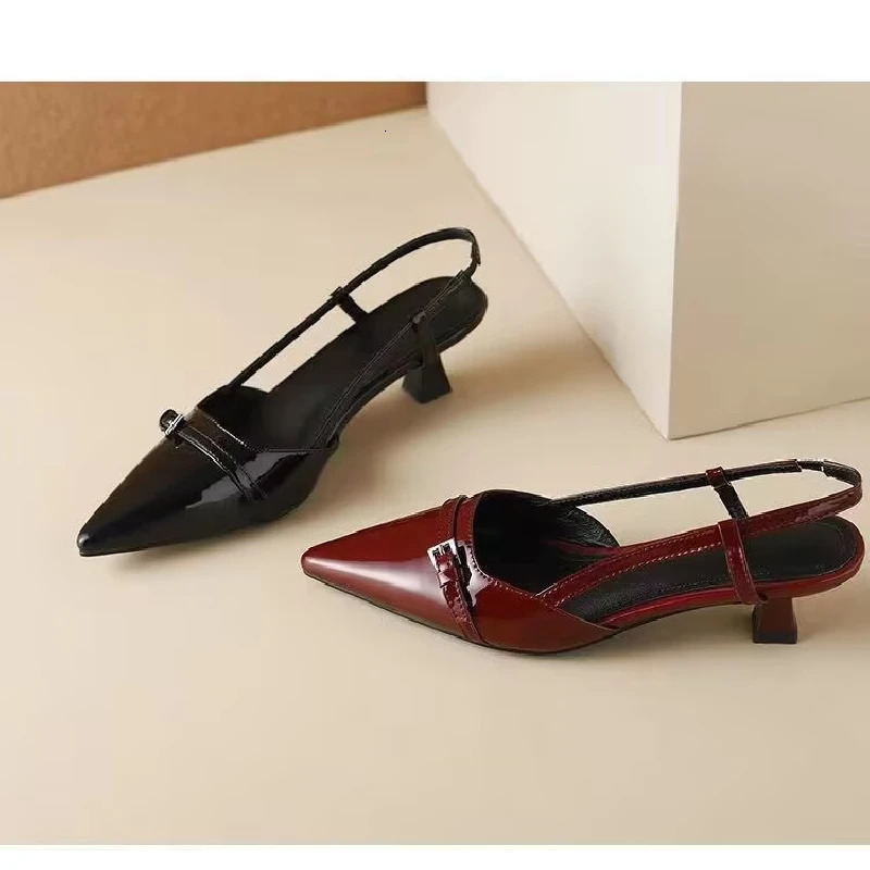 2025 French Pointed Sandals Burgundy Patent Crisscross Straps Metal Decor Slim Heel Open-Back Fairy Sandals 260202
