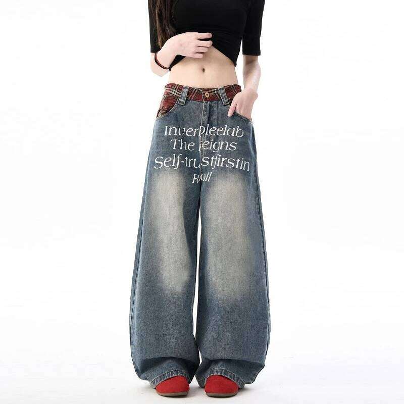 New retro plaid splicing waistband jeans fashionable street letter print loose wide pants for men and women