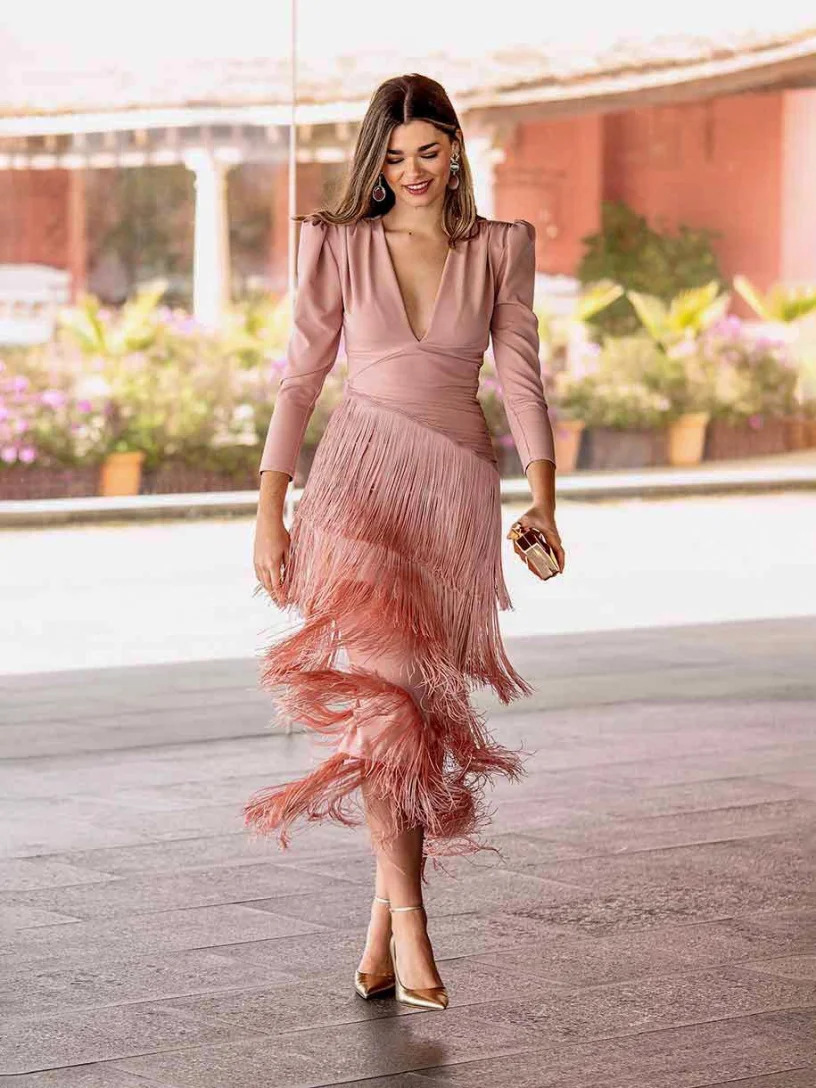 French Elegant Deep V Neck Slim Prom Dresses 2026 Spring Solid Spliced Tassel Long Dress Woman Long Sleeve New Autumn Maxi Dress R260208