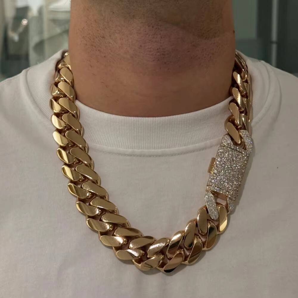 Custom Moissanite Mosaic Lock Gold Plated 22MM Wide Miami Cuban Link Chain Solid Silver Men Chain Cuban Chain Necklace Jewelry