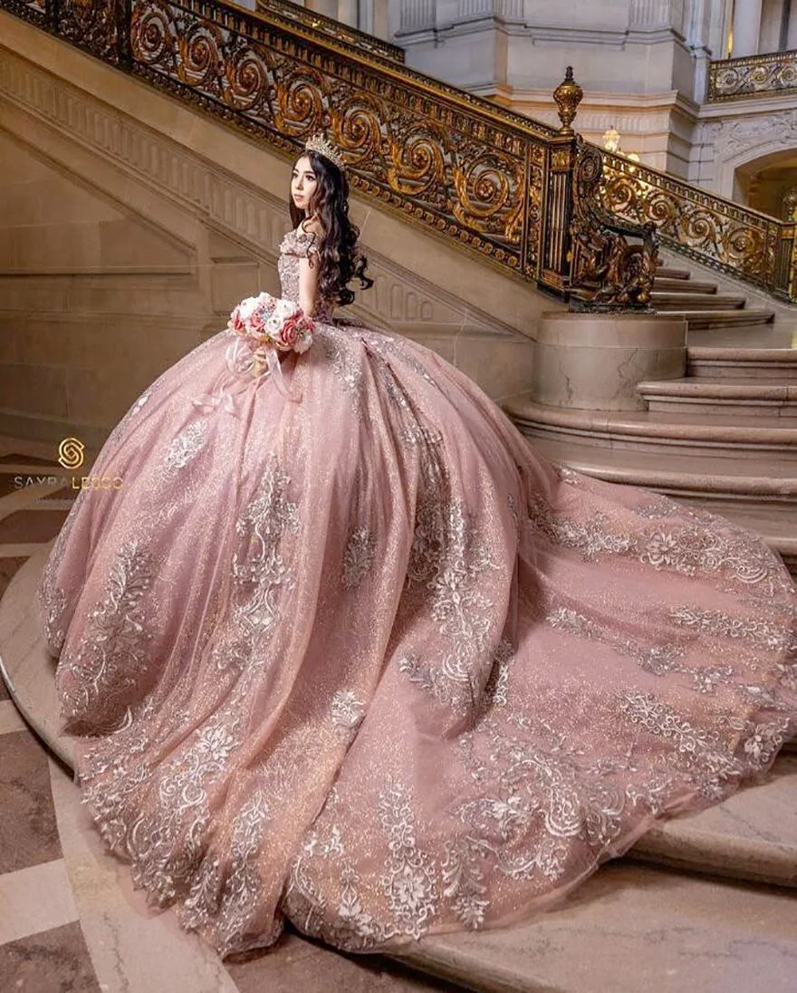 Rose Gold Off Shoulder Quinceanera Dress customsized Off Shoulder Gillter vestidos para damas de honor de quinceanera sweet 15 HR112